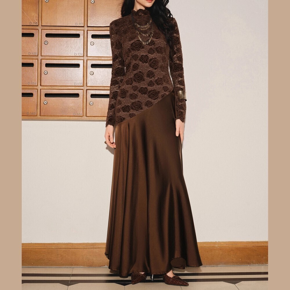 Brown Rose Lace Bodice Satin Skirt Asymmetric Hem Maxi Dress